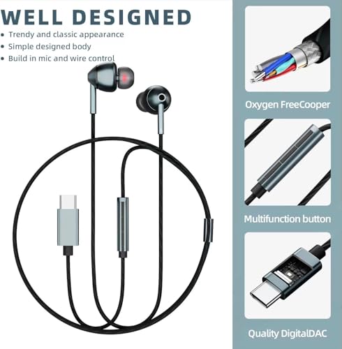 USB-C Wired Earbuds with Microphone, Volume Control, Noise Canceling, Compatible with Samsung Galaxy S24 S23 S22, iPhone 15, Pixel Phones (2Pack-Gray) - color: 2Pack-Gray