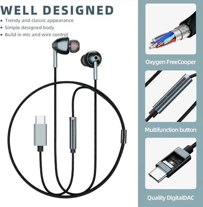 USB-C Wired Earbuds with Microphone, Volume Control, Noise Canceling, Compatible with Samsung Galaxy S24 S23 S22, iPhone 15, Pixel Phones (2Pack-Gray) - color: 2Pack-Gray