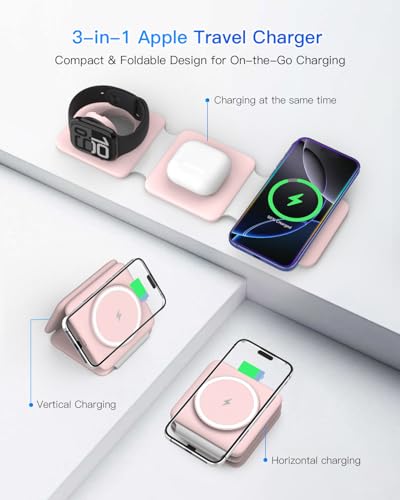 Charging Station for Apple Multiple Devices: 3 in 1 Foldable Magnetic Wireless Charger Stand - Travel Charging Dock Compatible with iPhone 17 16 15 14 13 12 Pro Max Plus Apple Watch AirPods - color: Pale-pink