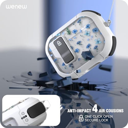 WENEW Case for AirPods Pro & Pro 2 Case Cover Secure Lock Automatic Snap Switch Clip Cleaner Kit Lanyard Women Stylish Flower Full Body Hard Shell Front LED Visible (Blue Flower, AirPods Pro & Pro 2) - color: Blue Flower, size: AirPods Pro & Pro 2