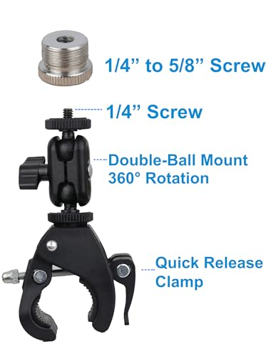 Mic Crab Clamp Microphone Mount with Double Ball Head Adjustment 1/4" to 5/8" Thread, Fits Mic Stand, Drum Stand, Desktop Shelf