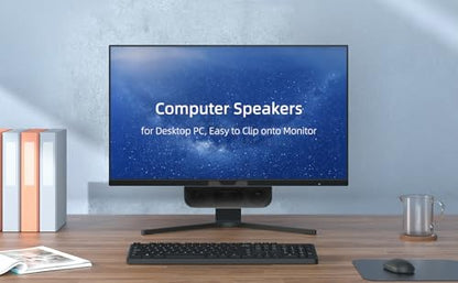 데스크탑 PC용 컴퓨터 스피커, 모니터 스피커, USB 플러그인, 유선, 노트북용 외장 스피커, PC용 소형 컴퓨터 사운드바, 큰 사운드, 딥 베이스, USB-C 어댑터, 모니터에 쉽게 클램프 - size: 8 Inch
