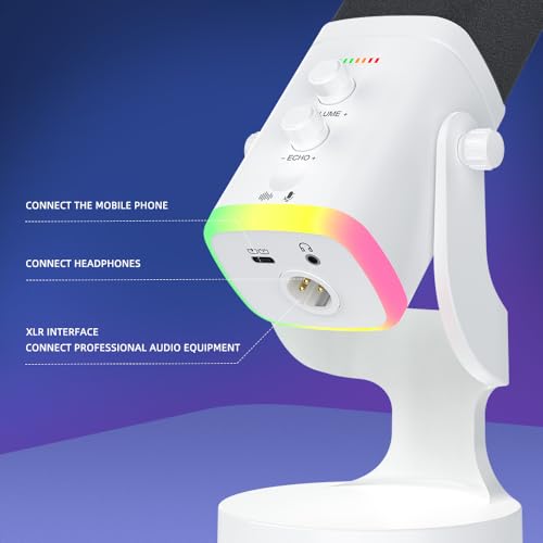 YU8-white Dynamic Microphone - USB/XLR RGB Mic with Echo Adjustment, Mute Key & Monitoring Jack, Desktop Microphone for PC Gaming, Streaming & Chat - color: YU8 desktop