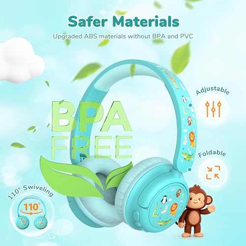 iClever BTH22 Kids Bluetooth Headphones for Toddler Travel, 60H Play Time | SafeSound Tech3.0, Stereo Sound, USB C Fast Charging, AUX Cable, Kids Wireless Headphones for Girls/Boys/Tablet/PC/School - color: Green