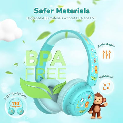 iClever BTH22 Kids Bluetooth Headphones for Toddler Travel, 60H Play Time | SafeSound Tech3.0, Stereo Sound, USB C Fast Charging, AUX Cable, Kids Wireless Headphones for Girls/Boys/Tablet/PC/School - color: Green