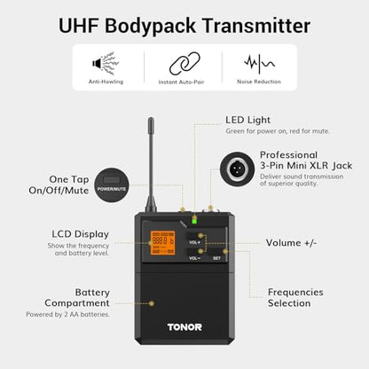 TONOR UHF Wireless Microphone System with Headset Lavalier Lapel Mic, Bodypack Transmitter, Rechargeable Receiver, 2 * 15 Channels 60 m/200ft Range 1/4" Output for Recording, 2 Bodypack Mics