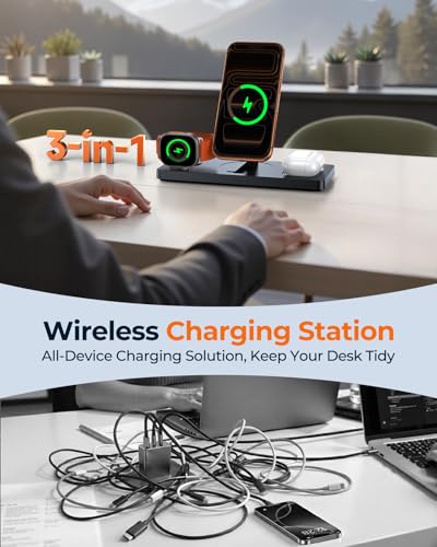 Foldable 3-in-1 Wireless Charging Station for Apple Magsafe Charger Stand, Travel-Friendly Fast Magnetic Wireless Charger Station for iPhone 17/16/15/14/13/12, Apple Watch & AirPods Series, Black | Travel-Friendly Fast Magnetic Wireless Charger Station fo