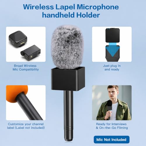 ZealSound Handheld Interview Microphone Adapter, Wireless Lavalier Transmitter Handle with Flag, Furry Windscreen & Foam, Compatible with DJI Mic Mini/Mic 2/3, Rode Wireless GO 2/3, Hollyland, BOYA - size: 9.53inch