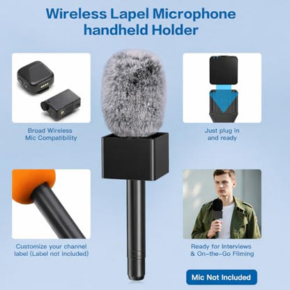 ZealSound Handheld Interview Microphone Adapter, Wireless Lavalier Transmitter Handle with Flag, Furry Windscreen & Foam, Compatible with DJI Mic Mini/Mic 2/3, Rode Wireless GO 2/3, Hollyland, BOYA - size: 9.53inch