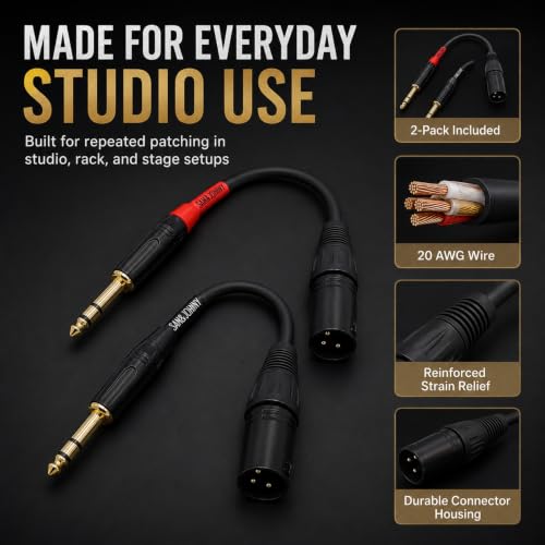 Sam&Johnny 1/4 to XLR Cable 6 Inch 2-Pack, Balanced Patch Cable TRS Male to XLR Male for Studio Monitor, Mixer & Amplifier – 24K Gold Plated, OFC Recording & Live Sound