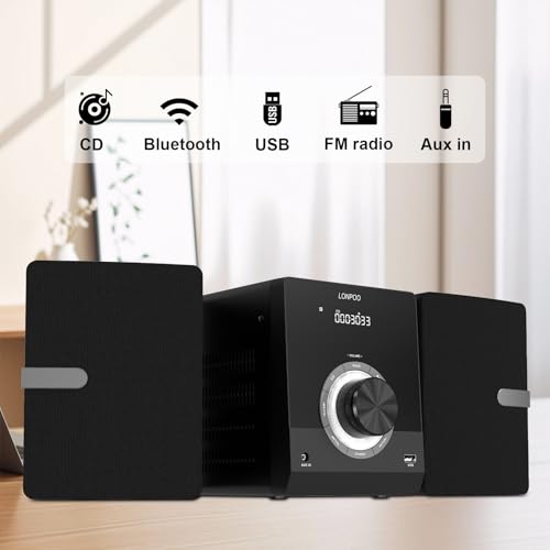 Compact Stereo System Speakers with CD Player, Bluetooth, FM Radio, Aux-in, USB-in, Earphone Jack, DSP-Tech, Remote, 30W Crisp-Sound Shelf Stereo System for Home (LP-886)