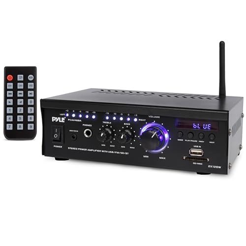 PyleUsa Bluetooth Computer Speaker Amplifier - 2x120 Watt Home Stereo Power Amplifier Home Audio Receiver System W/Blue Led Display, USB/SD, AUX, RCA, Headphone Jack - Remote - PCAU46BA.6