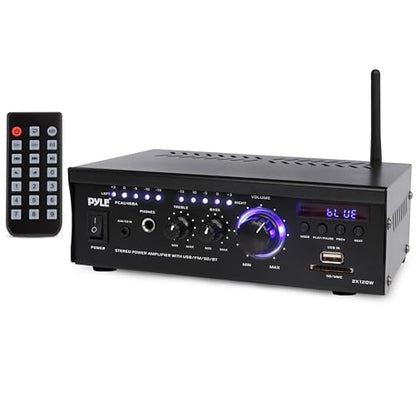PyleUsa Bluetooth Computer Speaker Amplifier - 2x120 Watt Home Stereo Power Amplifier Home Audio Receiver System W/Blue Led Display, USB/SD, AUX, RCA, Headphone Jack - Remote - PCAU46BA.6