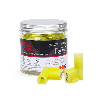 HKS 50 PCS Flag Spade Terminals 90 Degree Female - Yellow 12-10 AWG - Nylon Quick Disconnect Wire Connector - Right Angle - Crimp Insulated - color: 50PCS Yellow