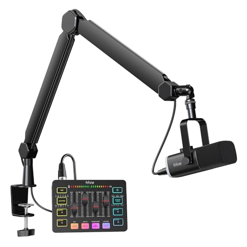FIFINE Dynamic Gaming Mic Set, Streaming Audio Mixer for Video, Heavy Duty Metal Boom Arm with Desk Mount Clamp, Cable Management Bundle, RGB Gamer Interface Kit for Recording Podcast (KS5+BM66)