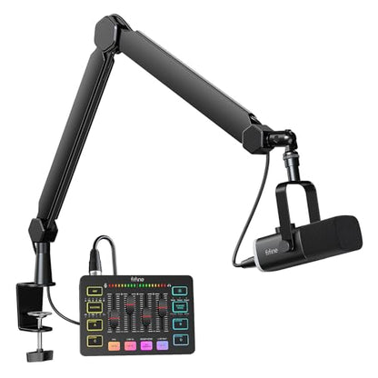 FIFINE Dynamic Gaming Mic Set, Streaming Audio Mixer for Video, Heavy Duty Metal Boom Arm with Desk Mount Clamp, Cable Management Bundle, RGB Gamer Interface Kit for Recording Podcast (KS5+BM66)