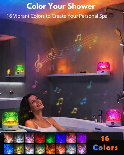 Shower Light with Bluetooth Speaker, Waterproof Shower Lamp with 16 Colors 4 White Noise, Ocean Wave Projector Light with Remote & Touch Control, Water Ripple Lamp for Inside Shower Bathroom Bedroom