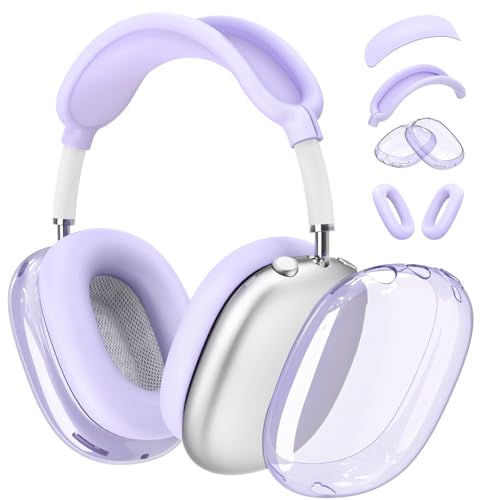 4 in 1 Set for AirPod Max Case Cover, Anti-Scratch Ear Pad Covers/Ear Cups Cover/Headband Cover, AirPod Max Covers Accessories for Apple AirPods Max (2020 Lightning /2024 USB-C)-Clear Purple - color: H-Purple
