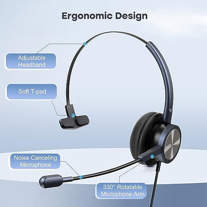 MAIRDI Phone Headset with RJ9 Jack & 3.5mm Connectors for Call Center Office Deskphone Cell Phone PC Laptop, Landline Telephone Headset with Microphone Noise Canceling for Polycom Avaya Nortel - style: Mono