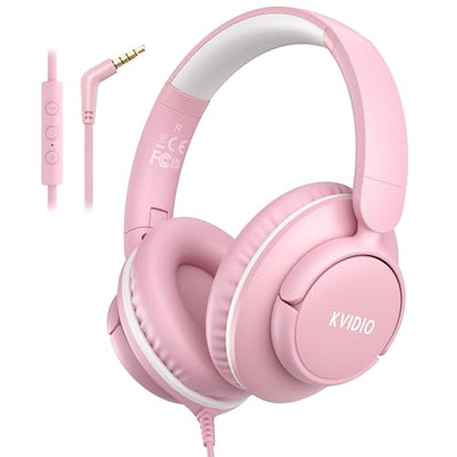 Wired Headphones with Microphone, Over Ear Lightweight Foldable 3.5mm Plug in Corded Headphones Wired with Volume Control, 4.9ft Tangle-Free Cord for Tablet Laptop MP3/4 School Travel Pink | Wired Over Ear Foldable Corded Headphones for Teens Classroom Tr