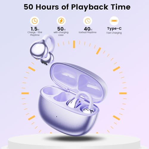Open Ear Clip Headphones, Wireless Earbuds Bluetooth 5.4 The Over Ear Buds Earphones Built-in Mic with Ear Hooks, 36H Playtime,for iOS and Android (Purple) - color: Purple