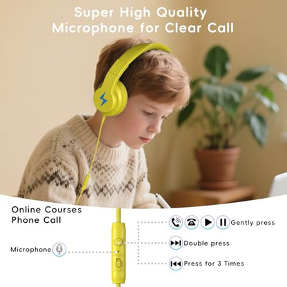 Candy Bila Wired Kids Headphones with Microphone, 85dB Safe Volume | Volume Limiter 85/94dB, HD Stereo Sound, Microphone and Wired Control,Foldable Design, Yellow - color: Yellow