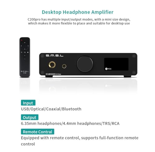 SMSL C200PRO MQA DAC Headphone Amplifier ES9039Q2M & XMOS XU-316 HiFi Amp DSD512/32Bit/768kHz BT 5.1 (LDAC/aptX-HD) USB/Opt/Coaxial Input 4.4mm/6.35mm/RCA Output for PS5/PC/SW