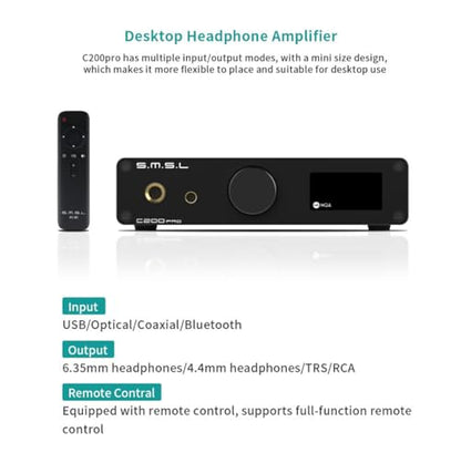 SMSL C200PRO MQA DAC Headphone Amplifier ES9039Q2M & XMOS XU-316 HiFi Amp DSD512/32Bit/768kHz BT 5.1 (LDAC/aptX-HD) USB/Opt/Coaxial Input 4.4mm/6.35mm/RCA Output for PS5/PC/SW