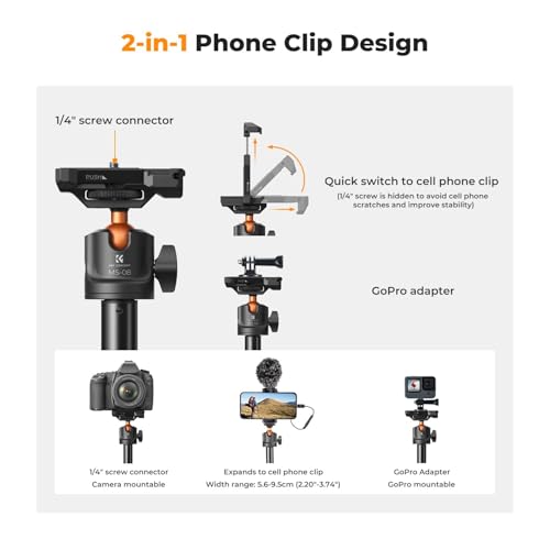 K&F CONCEPT 62'' Phone Selfie Stick Tripod | 360° Ball Head Camera Tripod with Remote, 2-in-1 Phone Holder Compatible with DJI Osmo Pocket 4/3 Insta360 Luna Ultra. MS08 - color: Black