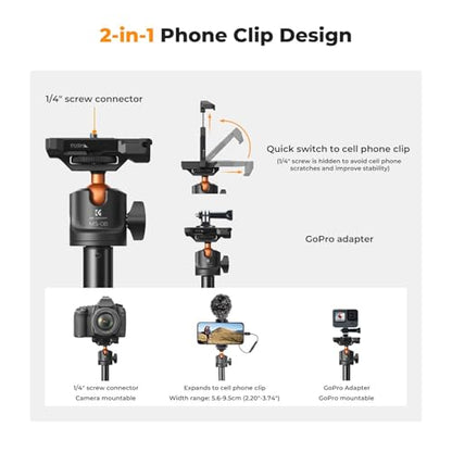 K&F CONCEPT 62'' Phone Selfie Stick Tripod | 360° Ball Head Camera Tripod with Remote, 2-in-1 Phone Holder Compatible with DJI Osmo Pocket 4/3 Insta360 Luna Ultra. MS08 - color: Black