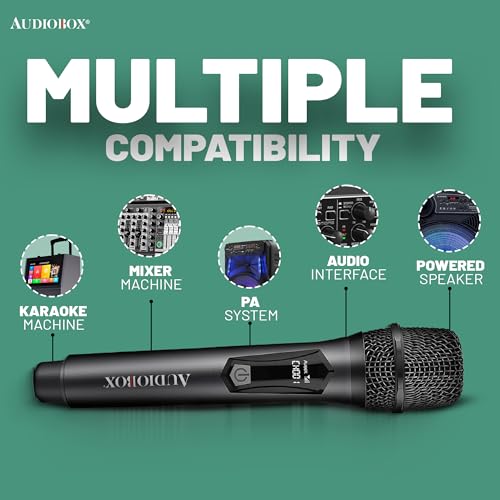 Audiobox UHF Wireless Microphone, Rechargeable Karaoke Mic, Black (2 Pack) | 160ft Wireless Range, Low-Latency Audio, Metal Housing, USB-C Charging, LED Indicator, PA & Mixer Compatible