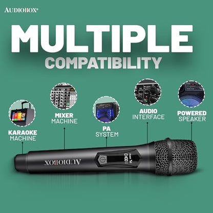 Audiobox UHF Wireless Microphone, Rechargeable Karaoke Mic, Black (2 Pack) | 160ft Wireless Range, Low-Latency Audio, Metal Housing, USB-C Charging, LED Indicator, PA & Mixer Compatible