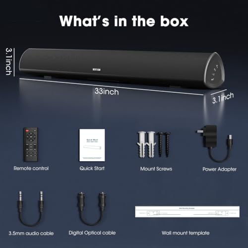BESTISAN 80 Watt Soundbar, Sound Bars for TV of Home Theater System (Bluetooth 5.0, 34 inch, DSP, Strong Bass, Wireless Wired Connections, Bass Adjustable, Wall Mountable) - color: 34 inch black