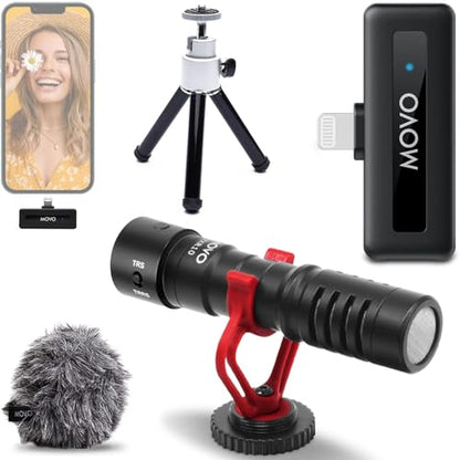 Movo VXR10 Shotgun Mic with WM-VXR10 Wireless Microphone Adapter and Tripod - for Lightning Compatible iPhones, iPads - style: Lightning