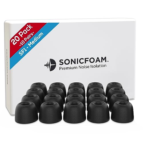 SF1 Medium - Memory Foam Earbud Tips - 10 Pairs - Black | Fits Earbuds with Speaker Diameter 5.8-6.5mm, One Pair Lasts up to 4 weeks - size: Medium - SF1