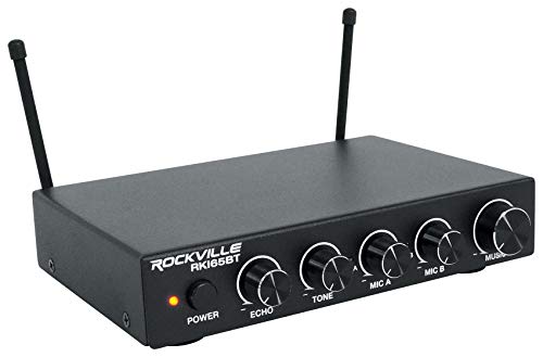 Rockville RKI65BT Dual UHF Wireless Microphones Karaoke Interface, Bluetooth Connectivity, Adjustable Echo, 8 Switchable Frequencies, Perfect for Home Karaoke and Parties | 2 UHF Mics, 8 Frequencies, 200 Ft Range, Optical/Coax/Aux Inputs, 1/4" Mix Output,