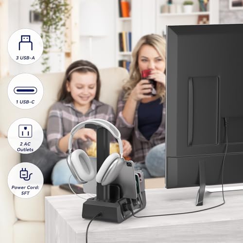 KDD Charging Station with 6 Charging Cables - Fast Charging 6 in 1 Cellphone Charging Dock with Headphone Stand and Watch Holder - 2 AC&USB A&USB C, Storage Station for Smartphone,Tablets, AppleWatch