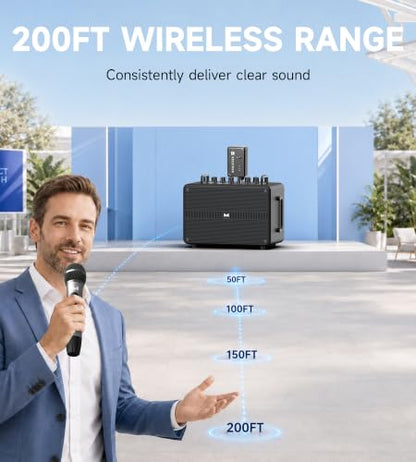 Wireless Microphones for Karaoke Machine, 2 Rechargeable Metal Dynamic Microphones with Receiver, 200FT Stable Wireless Range, 40H Battery Life, Plug and Play for PA Speaker, Amplifier, Church, Party