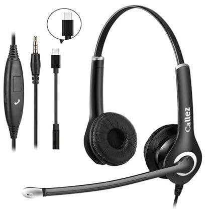 Callez Computer Headset, 3.5mm Cell Phone Headset with Mic Noise Cancelling | USB-C Wired Headphone for PC Laptop Mac iPhone 15/16/17 Samsung, Zoom Teams Call Center Home Office Work, in-line Controls - color: Black