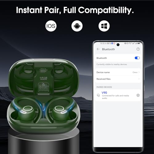 Wireless Sports Earbuds with Earhooks, 48H Deep Bass/ENC Mic Ear Bud Green | Wireless Earphone with LED Display, Bluetooth 5.3 Headphones In Ear, IPX7 Waterproof Over Ear Buds for Running/Workout - color: Green