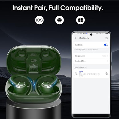 Wireless Sports Earbuds with Earhooks, 48H Deep Bass/ENC Mic Ear Bud Green | Wireless Earphone with LED Display, Bluetooth 5.3 Headphones In Ear, IPX7 Waterproof Over Ear Buds for Running/Workout - color: Green