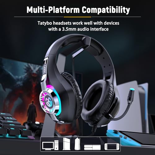 Tatybo Gaming Headset for PS5 PC, Noise Canceling Mic, RGB, Black | Over Ear, Deep Bass Stereo Sound for FPS, Battle Royale, Lightweight for Xbox, PS4, Mobile, Nintendo, 3.5mm devices - color: BLACK