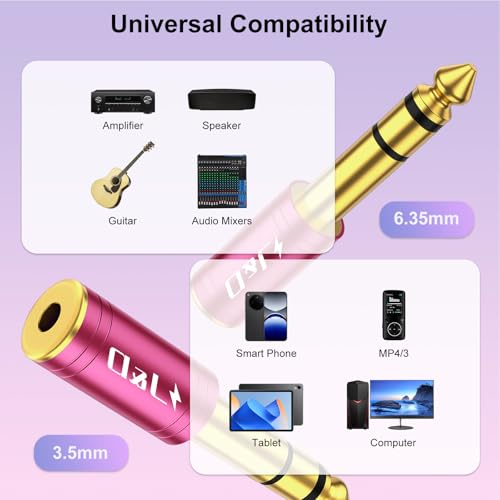 J&D 5-Pack 1/4 to 1/8 Headphone Adapter, 6.35 mm to 3.5 mm Stereo TRS Male to Female, Gold-Plated 3.5mm Plug Jack Connector for Guitar, Amp, Keyboard, Bass, Red - color: Red