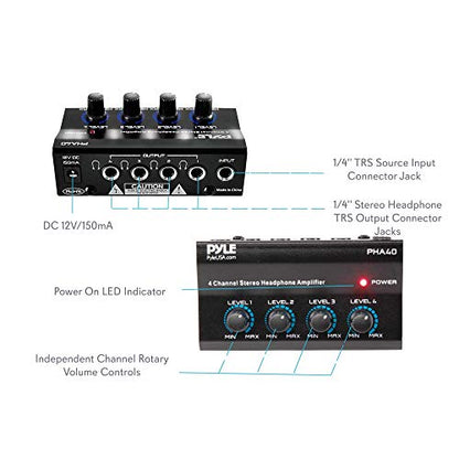 4-Channel Portable Stereo Headphone Amplifier - Professional Multi Channel Mini Earphone Splitter Amp w/ 4 ¼” Balanced TRS Headphones Output Jack and 1/4" TRS Audio Input For Sound Mixer - Pyle PHA40 BLACK - size: 6X6X5