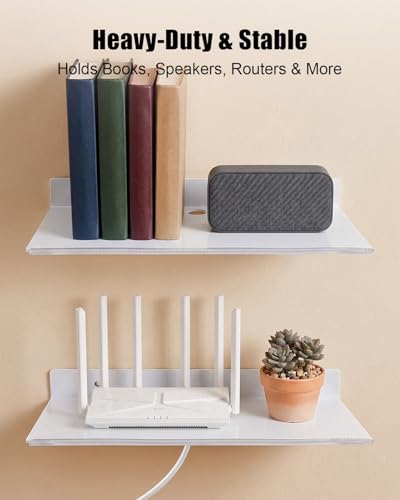 12" Floating Metal Wall Shelf 2-Pack, Router Shelf with Cable Hole | Wall Mount Floating Shelves for Speakers Books Plants Cameras WiFi Router, Home Office Bathroom Storage Organizer