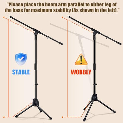 Tellegloww 4 Pcs Microphone Stand Tripod Boom Arm Floor Podium Studio Mic Stand Adjustable Height 75 Inches, Extends Arm to 27 Inches Comes with 3/8 Inch and 5/8 Inch Mount Adapters for Singing