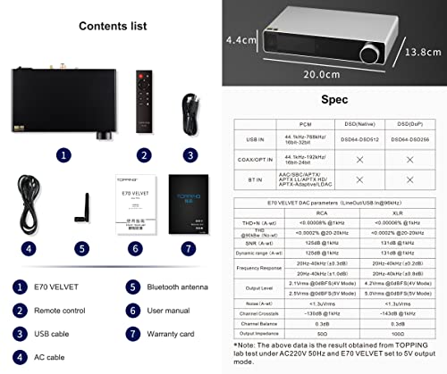 Topping E70 Velvet AK4499EX DAC Audio Decoder- Bluetooth5.1 LDAC Hi-Res XU316 32Bit/768kHz DSD512 BT/USB/Coax/Opt Inputs RCA/XLR HiFi Stereo Digital-to-Analog-Convertor Sliver - color: Silver