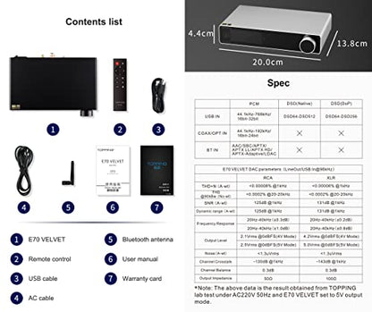 Topping E70 Velvet AK4499EX DAC Audio Decoder- Bluetooth5.1 LDAC Hi-Res XU316 32Bit/768kHz DSD512 BT/USB/Coax/Opt Inputs RCA/XLR HiFi Stereo Digital-to-Analog-Convertor Sliver - color: Silver