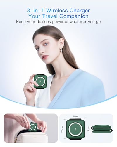 Iseyyox 3 in 1 Wireless Charger for iPhone - Foldable Charging Station Travel Charging Dock Compatible with iPhone 17 16 15 14 13 12 Pro Max Plus Watch & Airpods - color: Green