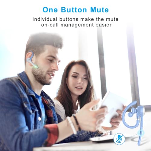HEIBAS Bluetooth Headset, Wireless Earpiece with Mic for Work Light Blue | 72H Playtime, 500mAh Charging Case, Hands-Free Calling with Mute Button for Trucker, Office, Driving, iPhone, Light Blue - color: Light Blue